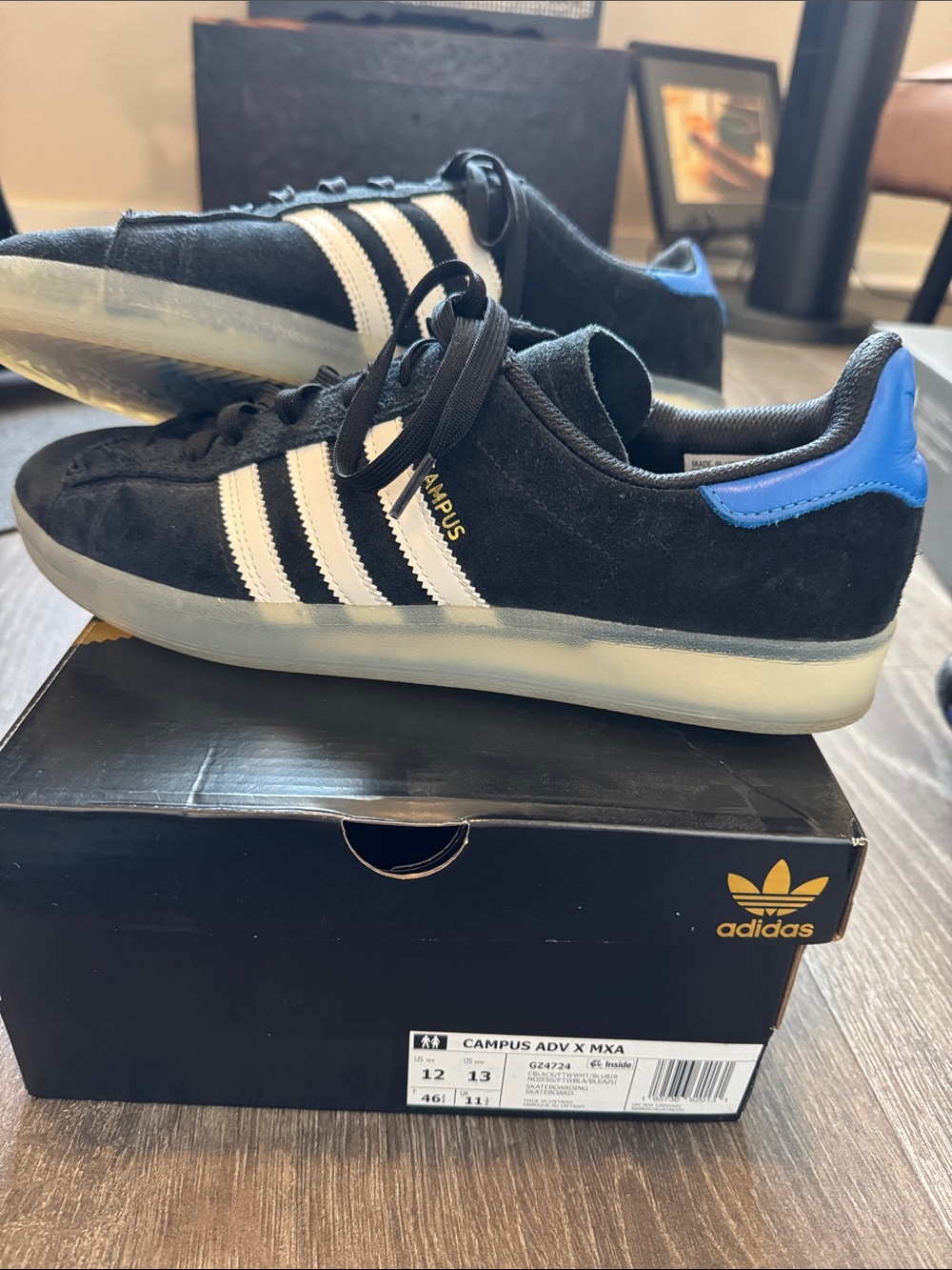 adidas Black Suede Campus Sneakers with White Stripes and Blue Heel